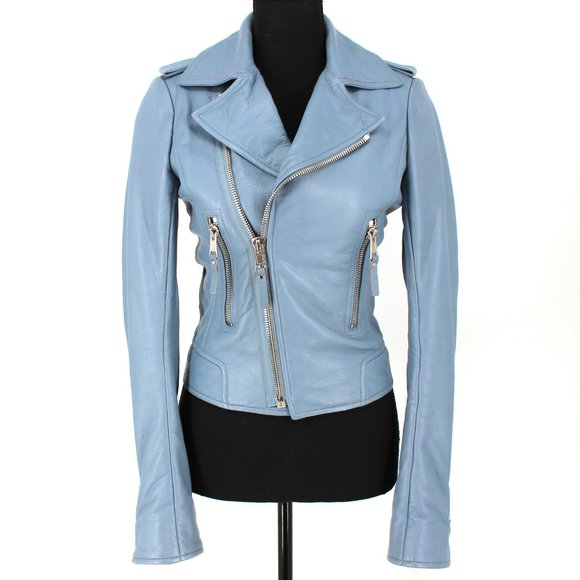 Balenciaga Jackets & Blazers - Balenciaga Leather Jacket Light Blue Lamb Moto Biker Silver Zip Jacket 36 Small
